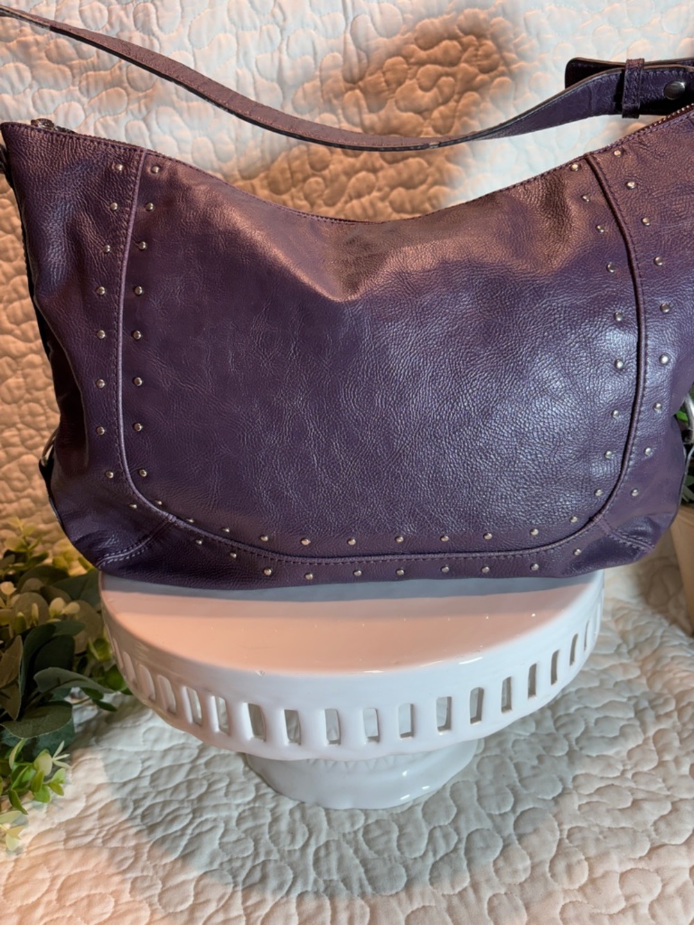 Dana Buchman Purple Leather Look Studded Shoulder Bag
